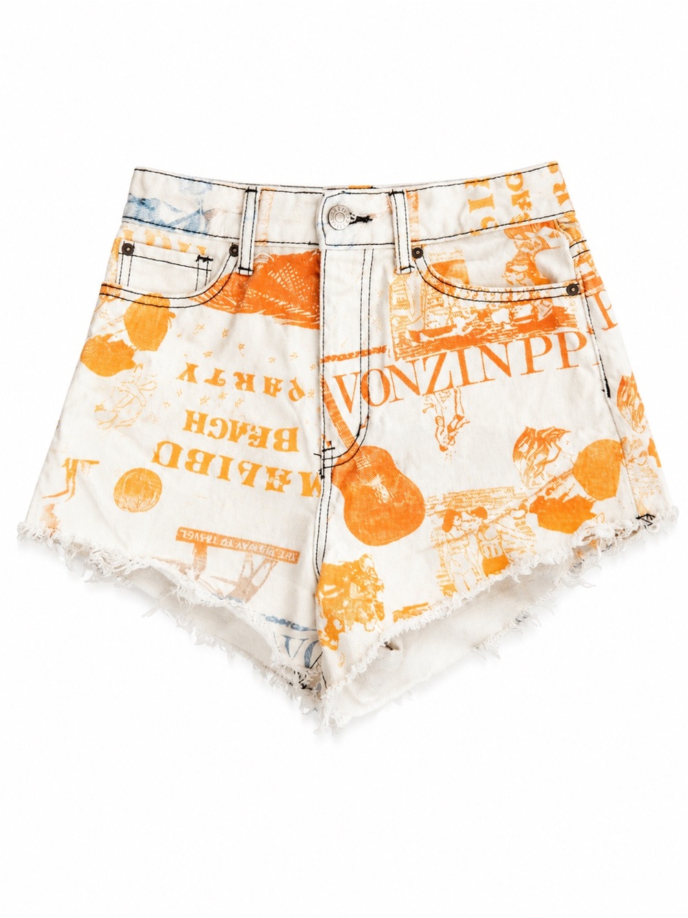 BDG White High-Rise Denim Shorts with Orange Print